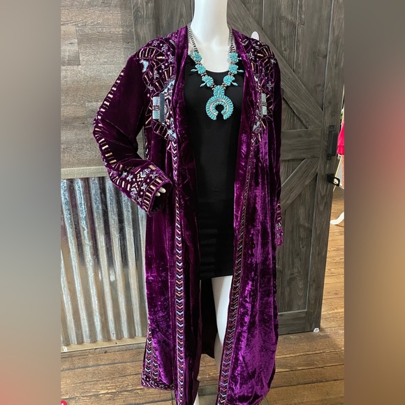 Crazy Train Purple Velvet Beaded Embroidered Western Duster Kimono Jacket S - Picture 3 of 16
